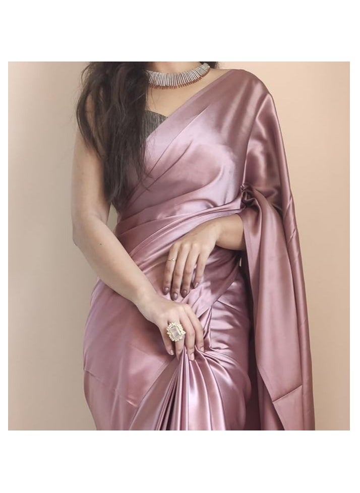 Accessorize Kingdom - Women's Ready to Wear Rose Gold Satin Silk 1 Minute Pre Pleated Heavy Saree with Designer Hand Work Tassels - Image 1
