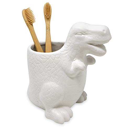 Isaac Jacobs White Ceramic Dinosaur Cup, Toothbrush Holder, Multi-Purpose Organizer, – Great for Toiletries, Bathroom, Kitchen, Crafts, Desk, Novelty Bathroom Accessory (Single Cup, White) - Image 4