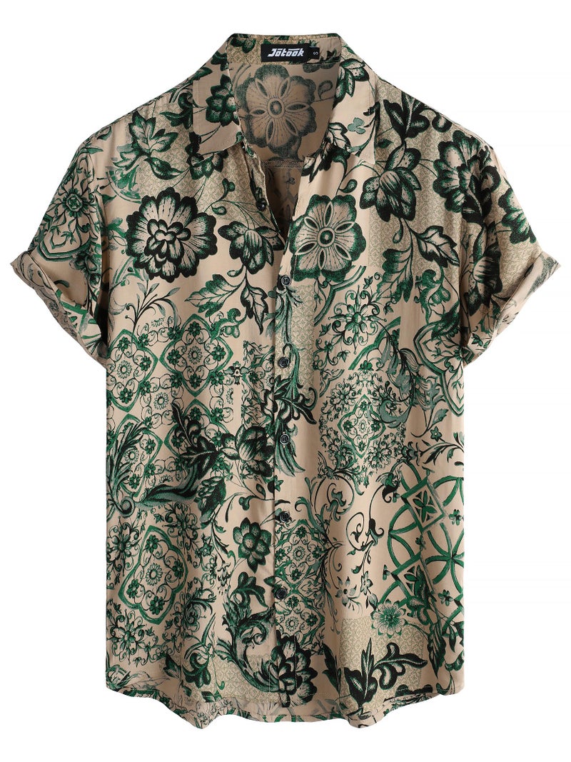 JOTOOK Mens Hawaiian Shirt Short Sleeve Button Down Tropical Shirts Casual Floral Summer Beach Shirt Large Beige Green - Image 1