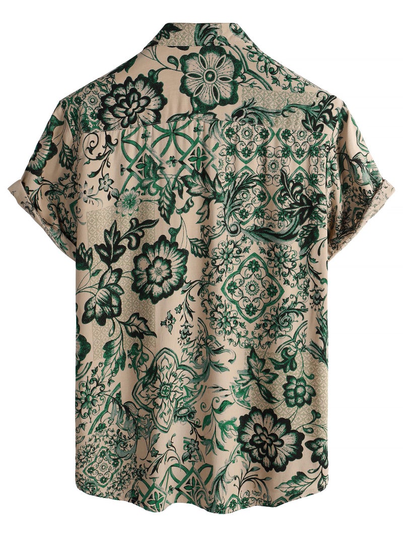 JOTOOK Mens Hawaiian Shirt Short Sleeve Button Down Tropical Shirts Casual Floral Summer Beach Shirt Large Beige Green - Image 2