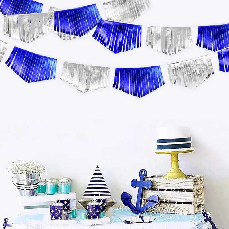pinkblume Royal Blue Silver Tassel Banner Metallic Fabric Pennant Bunting Flag for Graduation Birthday Retirement Bachelorette Engagement Wedding Bridal Shower Navy Nautical Ahoy Achor Party Decoration Supplies - Image 1