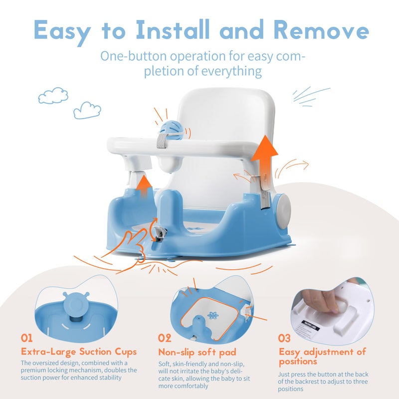 BabyBond Baby Bath Seat with Sitting & Lying 2 Modes, 3-Speed Adjustment, Powerful Suction Cups, Infant Bathtub Chair with Soft and Comfortable Towel, Folding and Hanging - Image 5