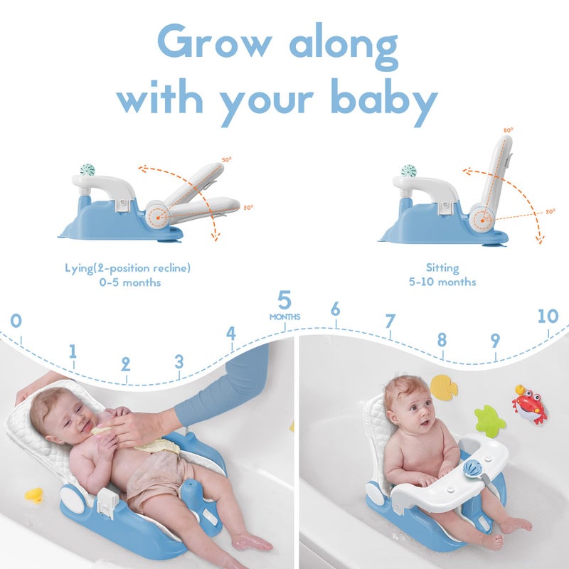 BabyBond Baby Bath Seat with Sitting & Lying 2 Modes, 3-Speed Adjustment, Powerful Suction Cups, Infant Bathtub Chair with Soft and Comfortable Towel, Folding and Hanging - Image 2