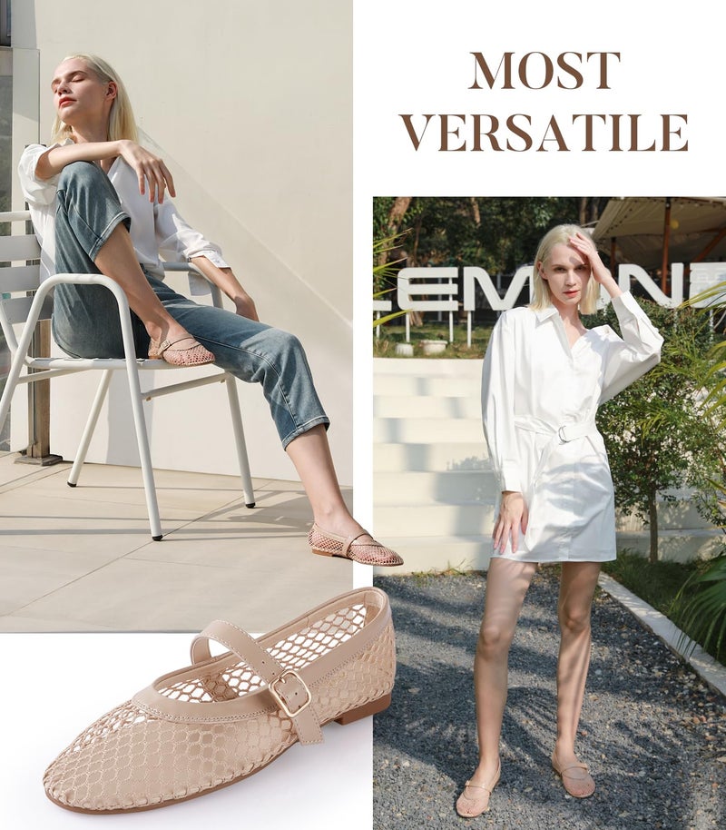 Ankis Mesh Ballet Flats for Women, Nude Mesh Flats Buckle Strap Mary Jane Ballerina Flats Women's Fishnet Flat Sandals Shoes for Dressy Summer - Image 2