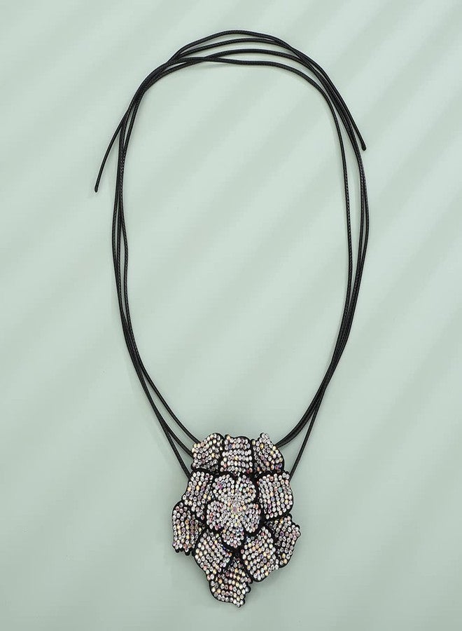 Wiwpar Big Crystal Rhinestone Flower Choker Necklace Black Faux Leather Long Chain Rose Collar Choker Necklace Party Prom Halloween Costume Gifts for Women (Style1) - Image 5