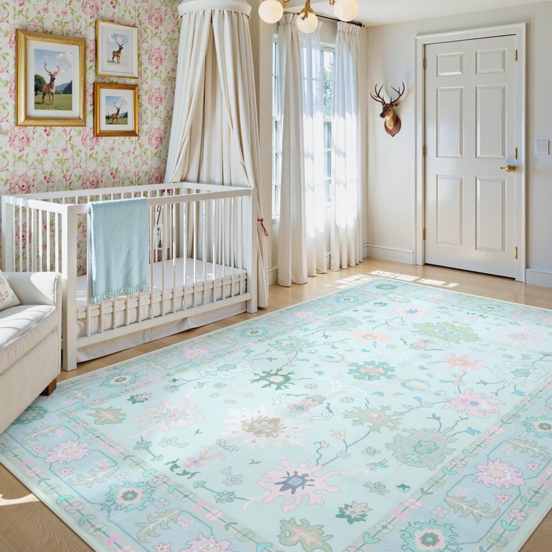 LIVEBOX Washable Oushak Rug for Living Room, Non Slip Boho 5 x 7 Area Rug for Bedroom, Soft Turkish Rugs Vintage Mat, Large Floral Dining Room Rugs Indoor Carprt for Kids Nursery Room, Blue - Image 3