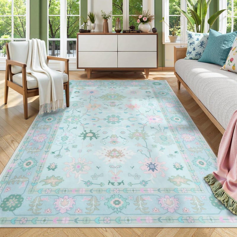 LIVEBOX Washable Oushak Rug for Living Room, Non Slip Boho 5 x 7 Area Rug for Bedroom, Soft Turkish Rugs Vintage Mat, Large Floral Dining Room Rugs Indoor Carprt for Kids Nursery Room, Blue - Image 1