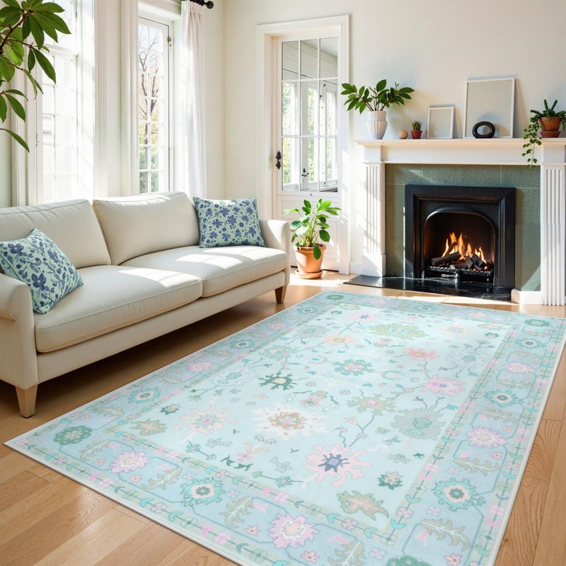 LIVEBOX Washable Oushak Rug for Living Room, Non Slip Boho 5 x 7 Area Rug for Bedroom, Soft Turkish Rugs Vintage Mat, Large Floral Dining Room Rugs Indoor Carprt for Kids Nursery Room, Blue - Image 2
