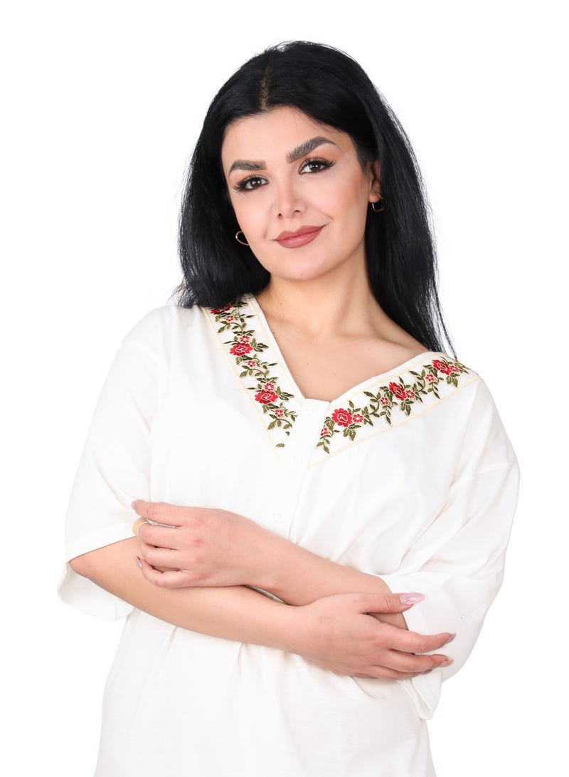 دعدوش  قميص نوم نسائي  طويل بكم قصير وقبة مزينة بالأزهار الجميلة لمظهر صيفي منزلي أنيق . - Image 3