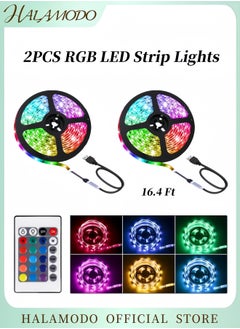 2PCS RGB LED Strip Lights 16.4 Ft LED Strip Lights with 24 Keys Remote Controller Dimmable Colour-changing Self-Adhesive Cuttable Strip Lights with 16 Modes for TV & Computer Monitor Screen Decor