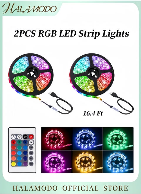 2PCS RGB LED Strip Lights 16.4 Ft LED Strip Lights with 24 Keys Remote Controller Dimmable Colour-changing Self-Adhesive Cuttable Strip Lights with 16 Modes for TV & Computer Monitor Screen Decor