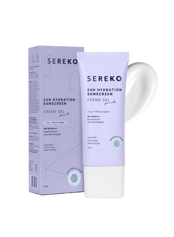 SEREKO Sunscreen 24H Hydration SPF 50 PA++++ Crème Gel | Zero White Cast, Blue Light + UVA/UVB Protection | Quick Absorbing, Non-Greasy, 24H Hydration | For Men & Women | All Skin Types – 50ml - Image 1