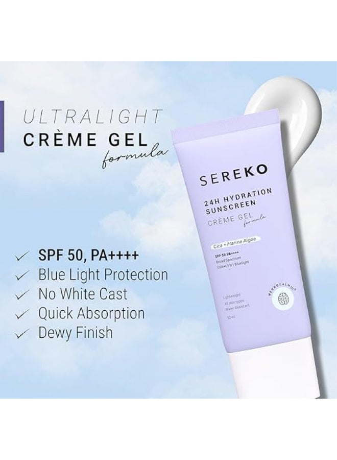 SEREKO Sunscreen 24H Hydration SPF 50 PA++++ Crème Gel | Zero White Cast, Blue Light + UVA/UVB Protection | Quick Absorbing, Non-Greasy, 24H Hydration | For Men & Women | All Skin Types – 50ml - Image 3