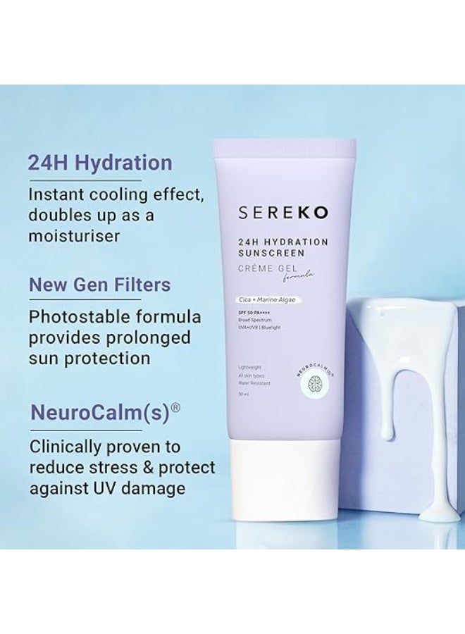 SEREKO Sunscreen 24H Hydration SPF 50 PA++++ Crème Gel | Zero White Cast, Blue Light + UVA/UVB Protection | Quick Absorbing, Non-Greasy, 24H Hydration | For Men & Women | All Skin Types – 50ml - Image 2