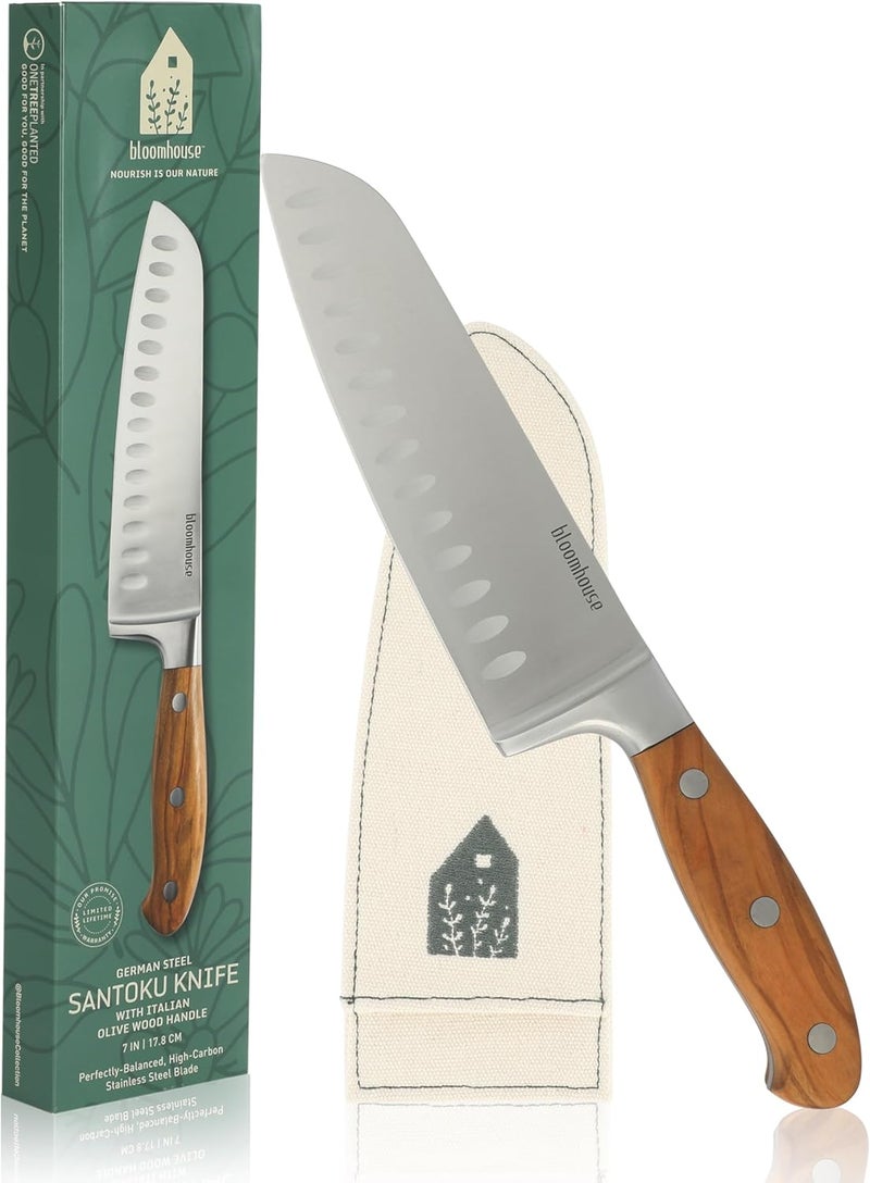 Bloomhouse - Two Time Oprah's Favorite Things Winner - 7-Inch Santoku Knife – German Stainless Steel Blade with Forged Italian Olive Wood Handle, Full Tang Kitchen Knife for Slicing Dicing & Mincing - Image 1