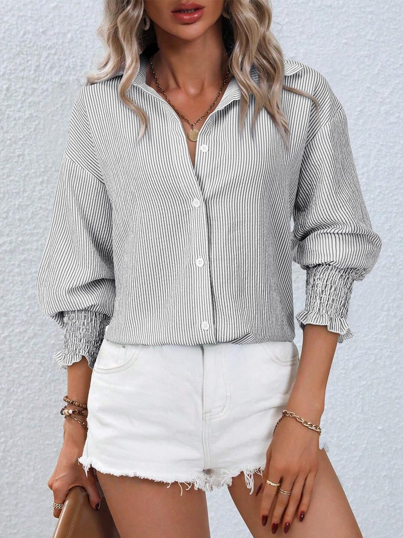 Gleeivy Black and White Striped Shirt Women Smocked Cuffed Oversized Boyfriend Blouse Tunic Dressy Casual Collared Shirt Button Up Tops Puff Business Casual Fall Clothes - Image 2