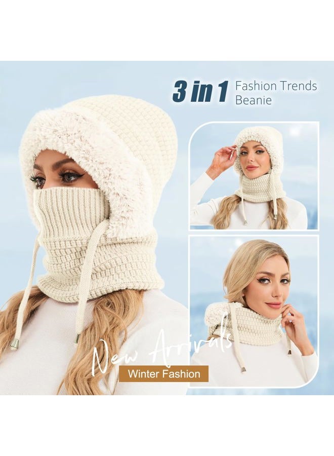 Sumolux 3 in 1 Beanie Hat for Women with Fleece Lined Scarf and Mask Outdoors Windproof Knitted Ski Mask Set, Beige, One size - Image 4