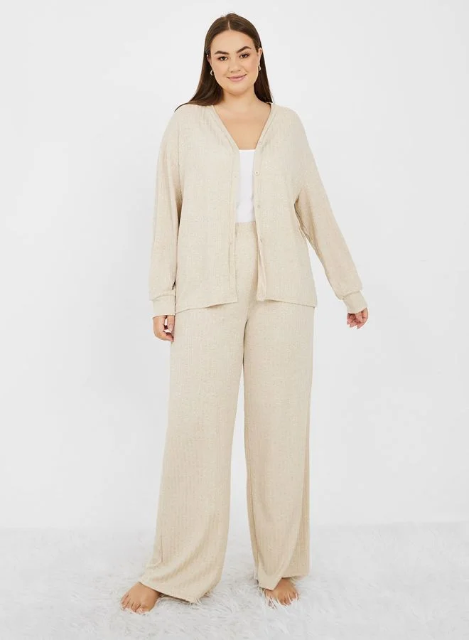 Styli Plus Ribbed Cardigan and Trouser Lounge Set
