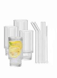 Ribbed Glassware Drinking Glasses with Straws Set of 4 Vintage Fluted Glassware Iced Coffee Cups Origami Style Ridged Glass Tumbler for Coocktail Whiskey Beer Water- 2 Cleaning Brush
