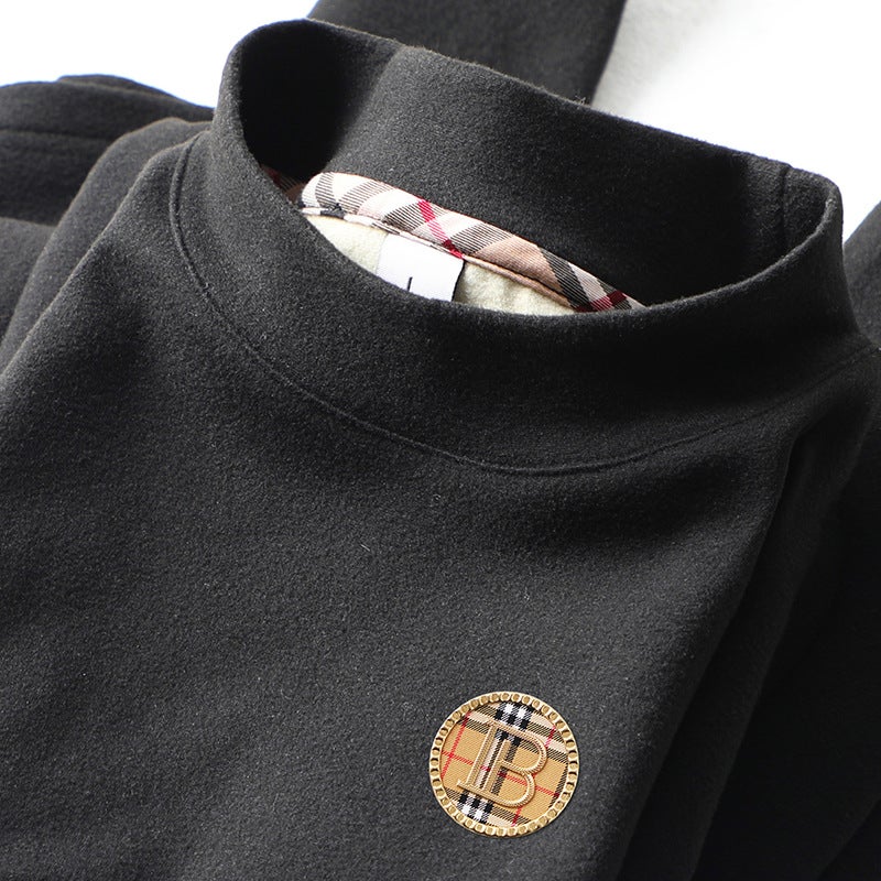 Men'S Fleece Semi-High Collar Long-Sleeved T-Shirt Base Shirt Men'S Double-Sided Fleece Thickened Warm White Sweater Trendy Inner - Image 1