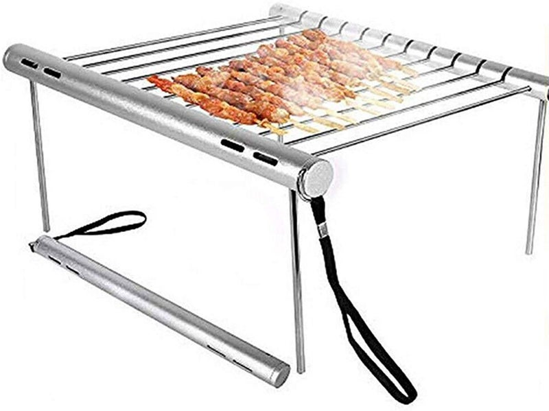 Abhsant Folding Barbecue Grill Portable Medium Size Stainless Steel Barbecue Grill Charcoal Outdoor Folding Toaster Barbecue Grill Easy to Carry Silver