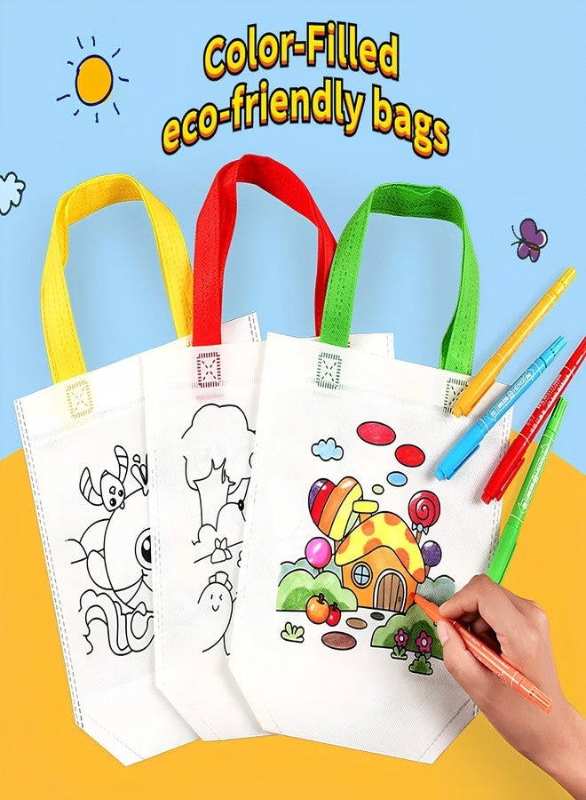 HASTAP DIY Eco-friendly Graffiti Bag Children Reusable Handmade Canvas Painting Non-woven Bag Kids Art Craft Colour Filling Drawing Toy Party Gifting Bags for Return Gifts (Assorted, 12pcs) - Image 2