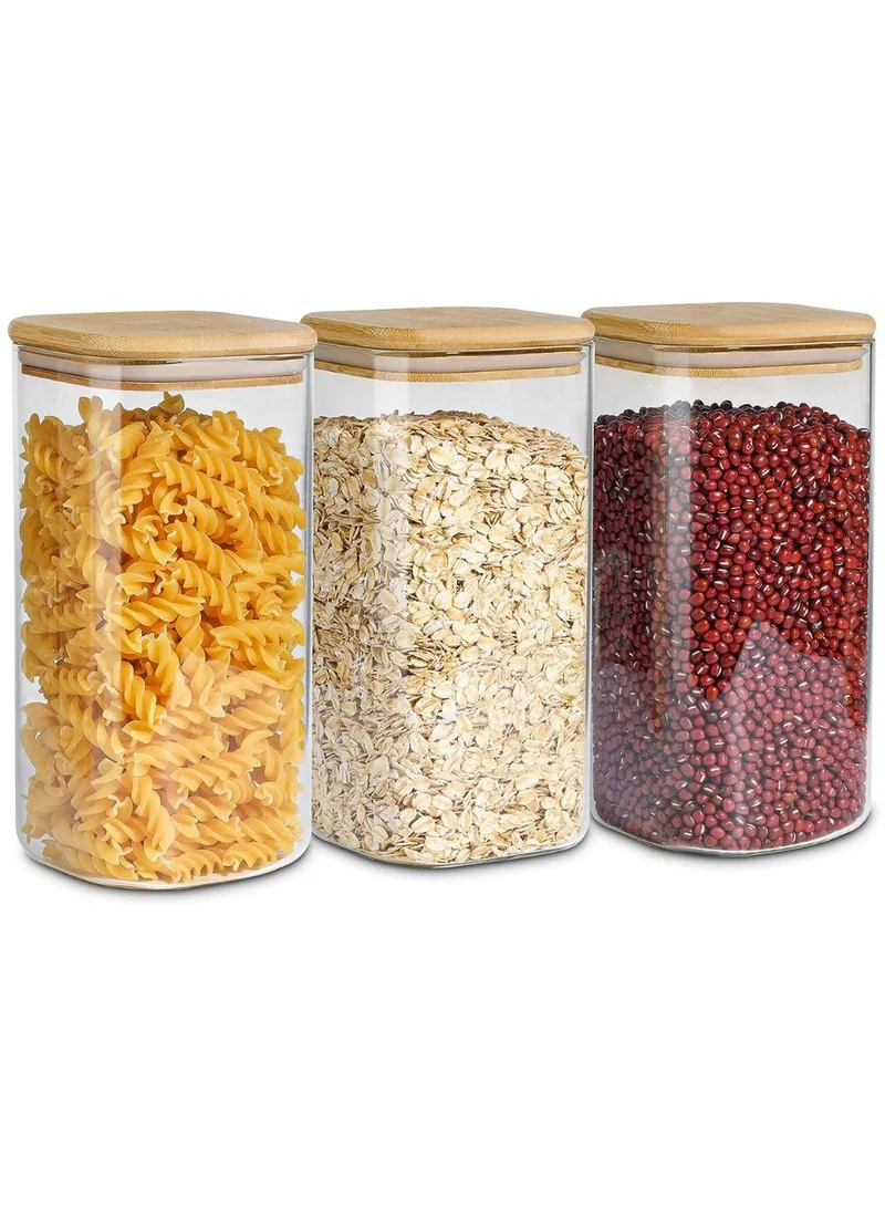 كويزيرا علبة تخزين زجاجية محكمة الغلق من كويسيرا مع غطاء خشبي (1500 مل)، وعاء شفاف لتخزين الطعام مع غطاء من الخيزران لغلق النودلز ودقيق الحبوب والأرز وحبوب القهوة والشاي والسكر، مجموعة من 3 قطع