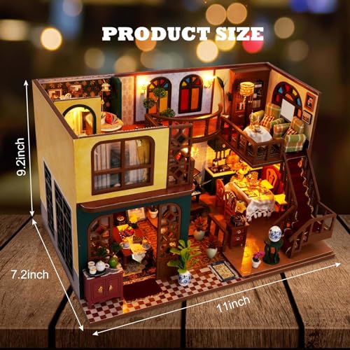 Foyucool DIY Miniature House Kit, Dollhouse Kit with Light and Dust Cover, Mini House Building Kits for for Adult to Building, Christmas Home Decorations Gifts for Family and Friends, Retro Loft - Image 2