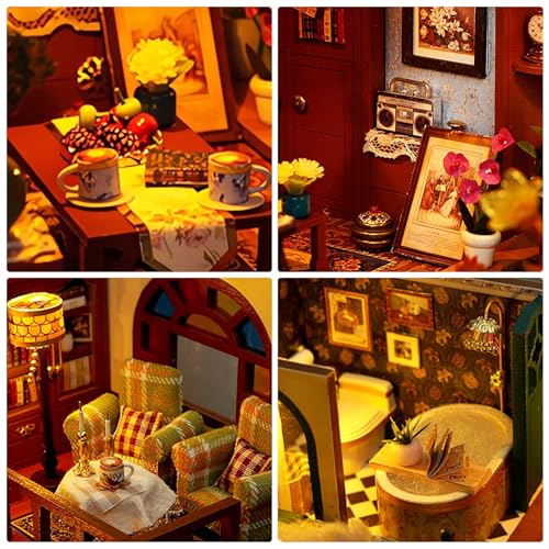 Foyucool DIY Miniature House Kit, Dollhouse Kit with Light and Dust Cover, Mini House Building Kits for for Adult to Building, Christmas Home Decorations Gifts for Family and Friends, Retro Loft - Image 3
