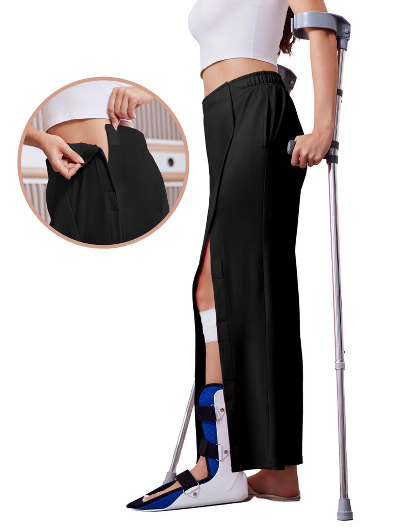 Deyeek Post Surgery Pants for Women Snap On Tear Away Pants After Knee Hip Surgery Adaptive Open Leg Surgical Sweatpants Black - Image 4