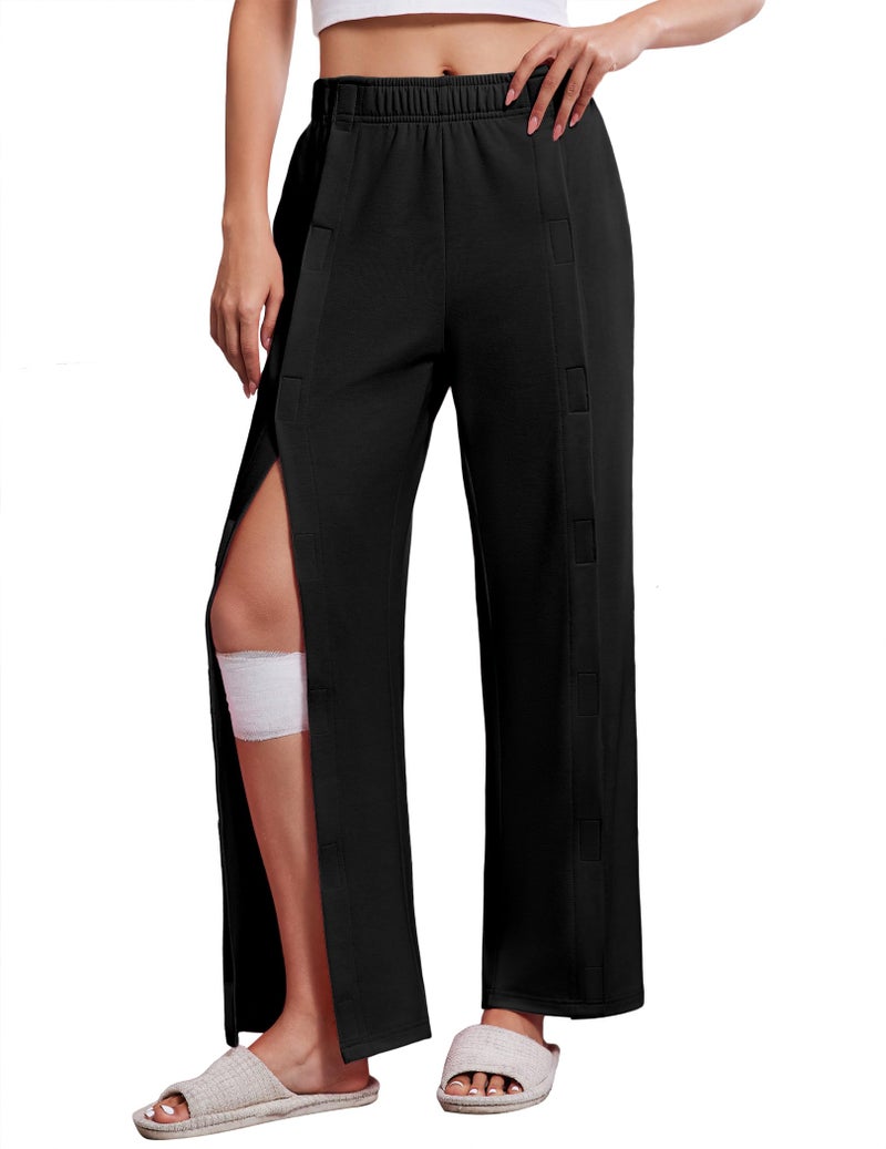 Deyeek Post Surgery Pants for Women Snap On Tear Away Pants After Knee Hip Surgery Adaptive Open Leg Surgical Sweatpants Black - Image 1