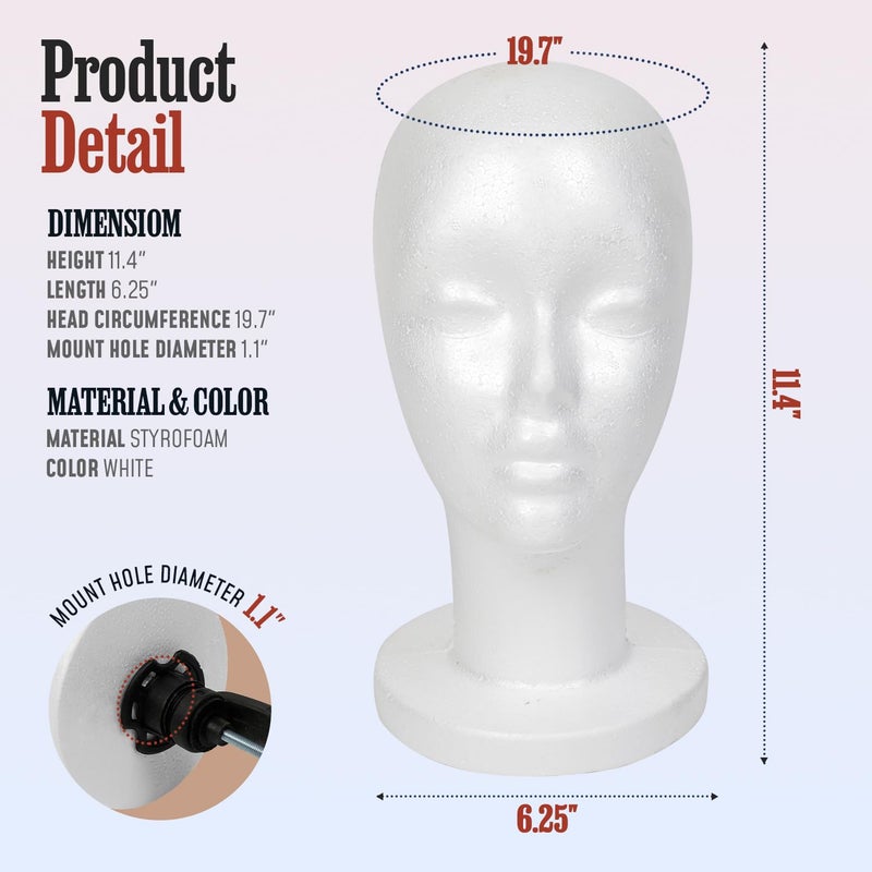 STUDIO LIMITED 11.4-Inch Styrofoam Mannequin Head (1 Pack) - White Foam Wig Stand for Wigs, Hats, Masks, Hairpieces, Salon Display, and Travel Use - Image 2