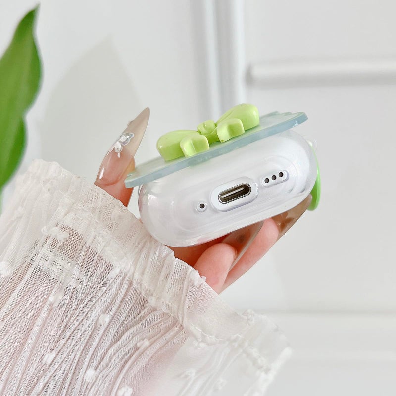 OTOPO Cute AirPods 4 Clear Case Grass Green, Girly 3D Bow Design Soft TPU Protective Shockproof Kawaii Apple iPod 4th Generation Cover with Cleaner Kit & Keychain Girls Women - Image 4