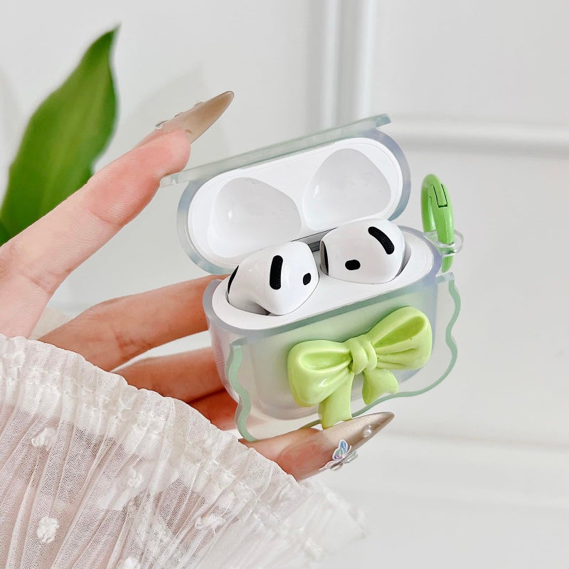 OTOPO Cute AirPods 4 Clear Case Grass Green, Girly 3D Bow Design Soft TPU Protective Shockproof Kawaii Apple iPod 4th Generation Cover with Cleaner Kit & Keychain Girls Women - Image 2