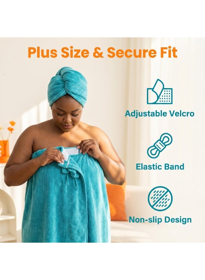 Extra Large Bath Wrap Towel for Women 160-200 lbs, Super Absorbent All in 2 Shower Robe with Button & Velcro, Quick Dry Body Towel Wrap with Hair Turban Set for Adult Ladies,Peacock Blue - Image 3