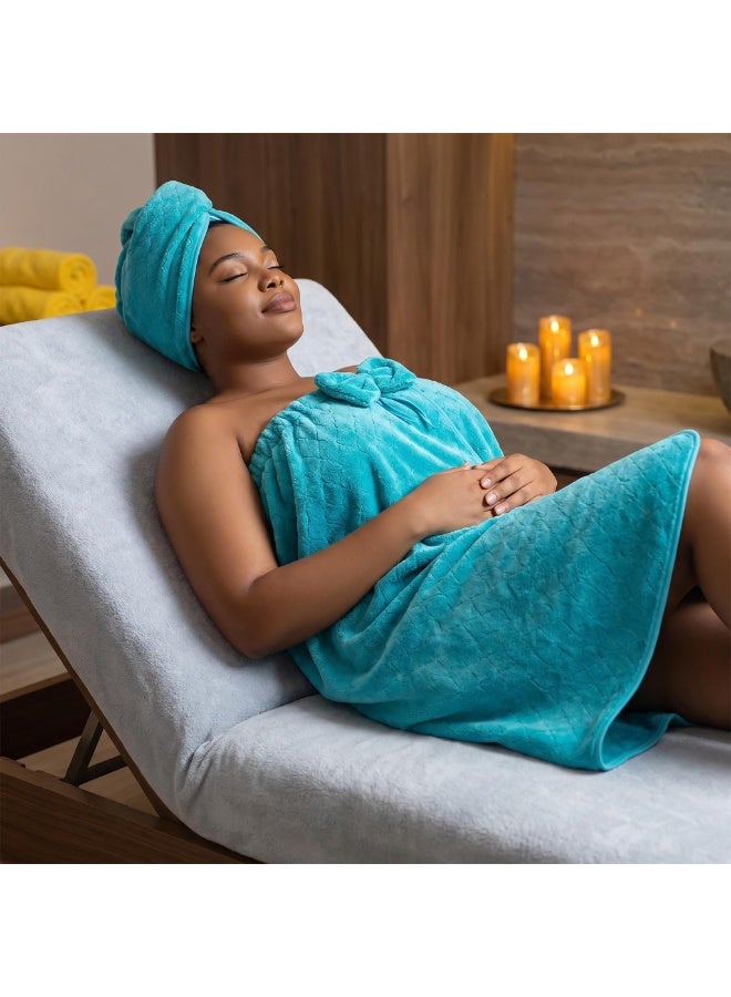 Extra Large Bath Wrap Towel for Women 160-200 lbs, Super Absorbent All in 2 Shower Robe with Button & Velcro, Quick Dry Body Towel Wrap with Hair Turban Set for Adult Ladies,Peacock Blue - Image 5