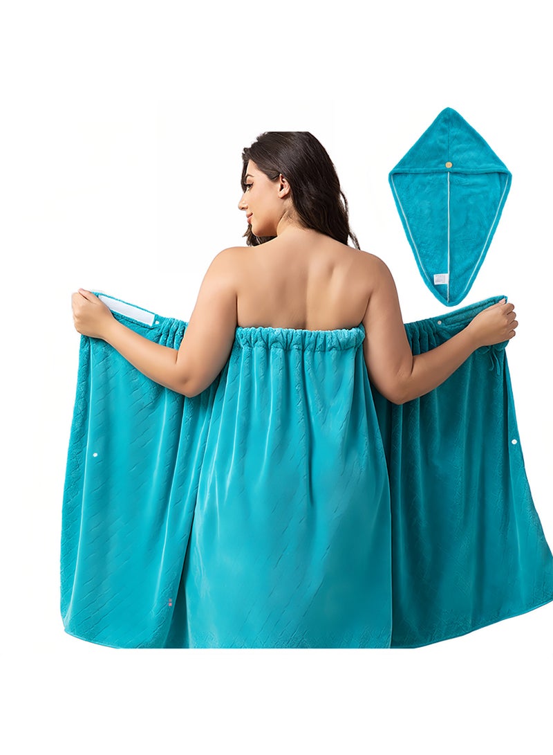 Extra Large Bath Wrap Towel for Women 160-200 lbs, Super Absorbent All in 2 Shower Robe with Button & Velcro, Quick Dry Body Towel Wrap with Hair Turban Set for Adult Ladies,Peacock Blue - Image 2