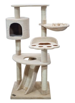 MAJIBAO Multi-level cat tree with Top perch, Cozy condo, Soft hammock, and Paw shape perch, Indoor cat playground with Sisal ladder, Sisal scratching posts, and for all size breeds, 111 cm Cat tower (Beige)  - Image 1