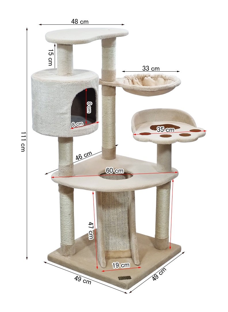 MAJIBAO - Multi-level cat tree with Top perch, Cozy condo, Soft hammock, and Paw shape perch, Indoor cat playground with Sisal ladder, Sisal scratching posts, and for all size breeds, 111 cm Cat tower (Beige) - Image 1