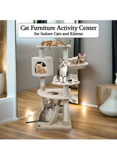 MAJIBAO Multi-level cat tree with Top perch, Cozy condo, Soft hammock, and Paw shape perch, Indoor cat playground with Sisal ladder, Sisal scratching posts, and for all size breeds, 111 cm Cat tower (Beige)  - Image 4