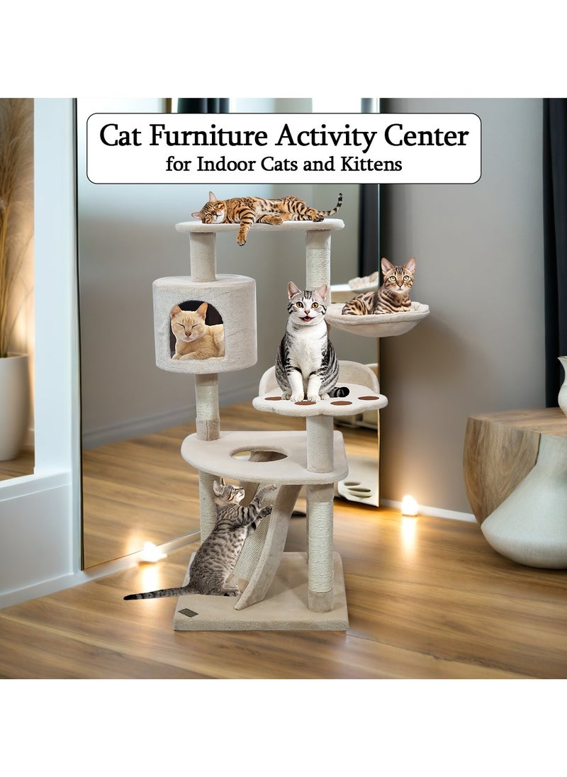 MAJIBAO - Multi-level cat tree with Top perch, Cozy condo, Soft hammock, and Paw shape perch, Indoor cat playground with Sisal ladder, Sisal scratching posts, and for all size breeds, 111 cm Cat tower (Beige) - Image 1