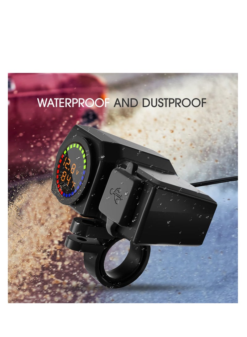Excefore Motorcycle Phone Charger, Motorcycle Waterproof 3 in 1 USB Charger, With Voltmeter and Thermometer, Fast Charge QC 3.0/2.0 and PD, 12V for Motorcycle ATV UTV (7/8inch Handlebar) - Image 3