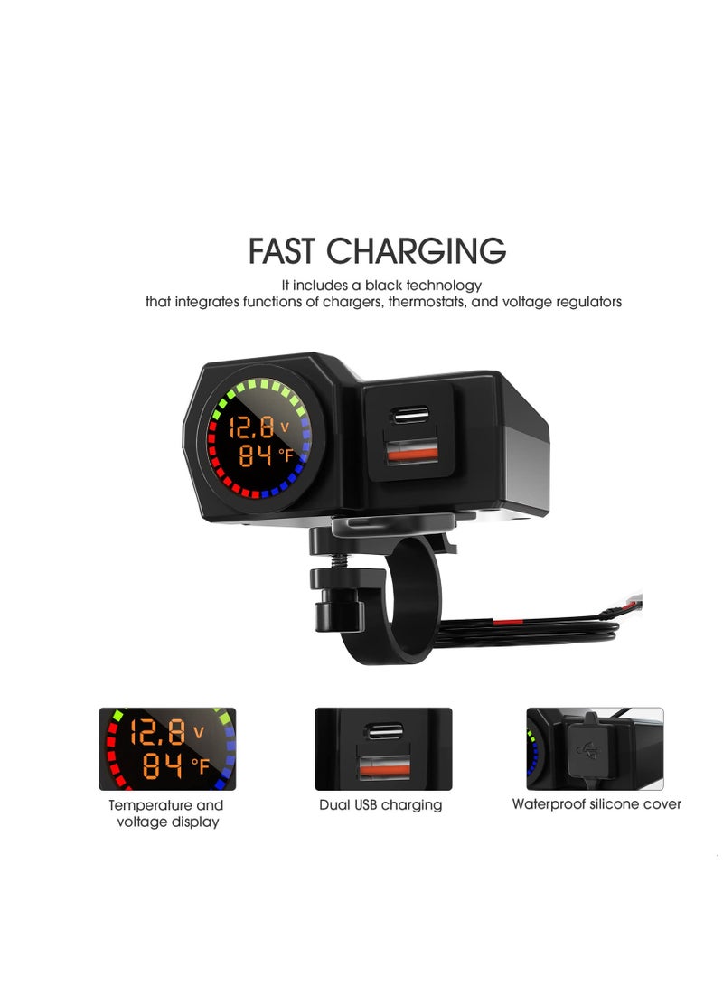 Excefore Motorcycle Phone Charger, Motorcycle Waterproof 3 in 1 USB Charger, With Voltmeter and Thermometer, Fast Charge QC 3.0/2.0 and PD, 12V for Motorcycle ATV UTV (7/8inch Handlebar) - Image 2