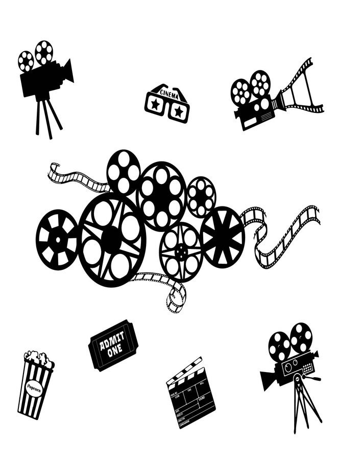 SUPERDANT Movie Reel Wall Decor Movie Elements Wall Sticker Filmstrip Popcorn Decals Vinyl Art Decor Wallpaper Stickers Art Mural for Movies Theater Cinema Living Room Decoration 35.4x11.8in - Image 1