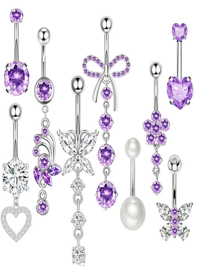 Suotarn 14G Belly Button ring Dangle Belly Rings Surgical Stainless Steel Cute Bow Butterfly Heart Flower Dangling Belly Button Piercing Jewelry For Women Silver Dainty Dangly Navel Ring, 0, Metal, cubic - Image 1