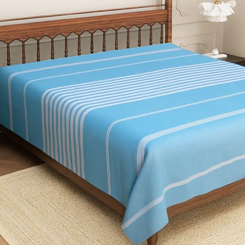 Värde Bedsheet for Double Bed | Handmade Cotton Double Bedsheet 210 Thread Count | Summer King Size BedSheet 90x100 Inches (7.5 x 8.3 Feet) | Handloom Design | Without Pillow Covers_Smalt Blue - Image 1