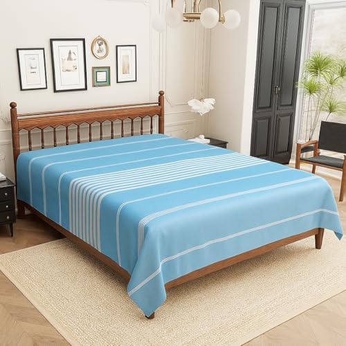 Värde Bedsheet for Double Bed | Handmade Cotton Double Bedsheet 210 Thread Count | Summer King Size BedSheet 90x100 Inches (7.5 x 8.3 Feet) | Handloom Design | Without Pillow Covers_Smalt Blue - Image 3