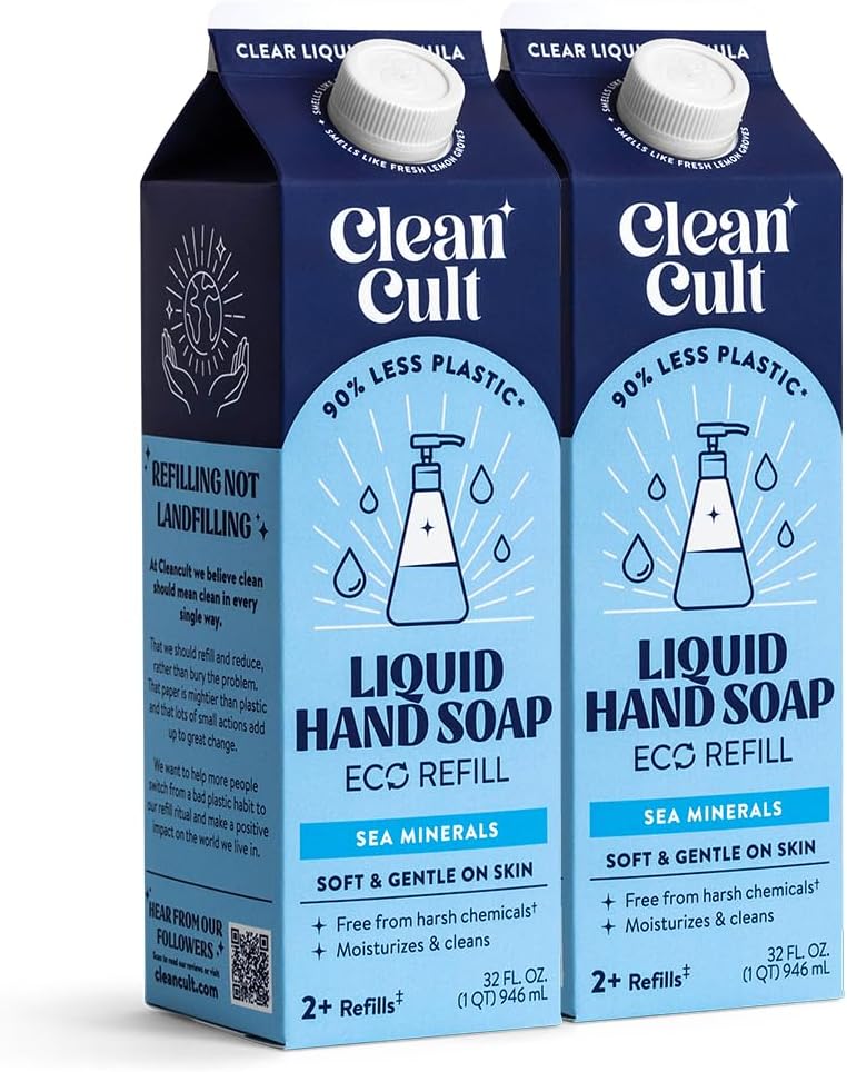 Cleancult - Liquid Hand Soap Refills - Sea Minerals - Gentle On Sensitive Skin - Made with Aloe Vera & Essential Oils - Eco Friendly - Paper-Based Packaging - 32 oz/2 Pack