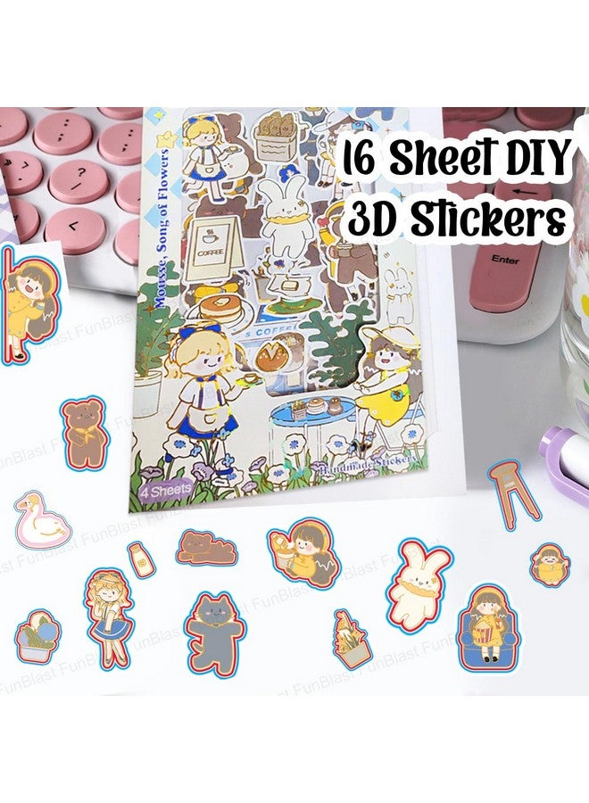 فنبلاست مجموعة ملصقات FunBlast Kawaii - 16 ورقة (100+ قطعة) ملصقات ثلاثية الأبعاد DIY للبنات، ملصقات جمالية، ملصقات للتدوين، سجل القصاصات، مجموعة ملصقات لطيفة (مجموعة YoYo Sunny 4 × 4 = 16 ورقة) - Image 5