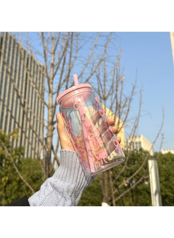 شيبشيب كوب ماء مع ربطة أنيقة بسعة 470 مل، كوب قهوة مثلجة أنيق للنساء، برطمان فرنسي بغطاء وقشّة، مثالي للاستخدام اليومي، الحفلات والسفر - Image 3